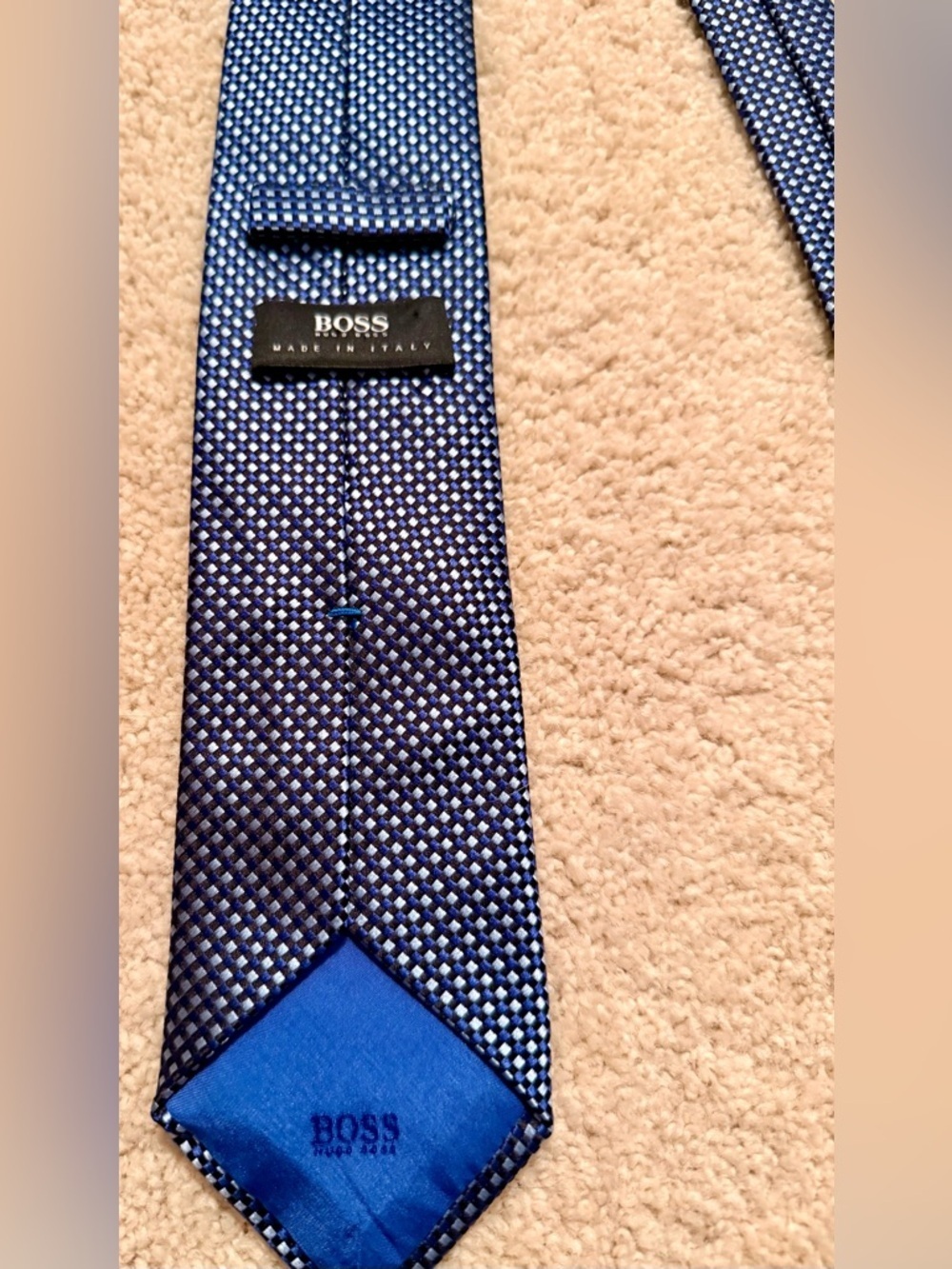 BOSS Italy Blue-Black-White Jacquard-Woven Geometric 100% Silk Men’s Necktie - Picture 8 of 11